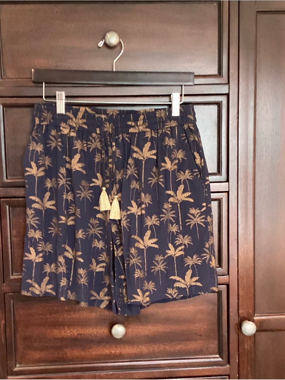 Boden Navy Gold Tropical Print Tie High Waist Shorts EUC